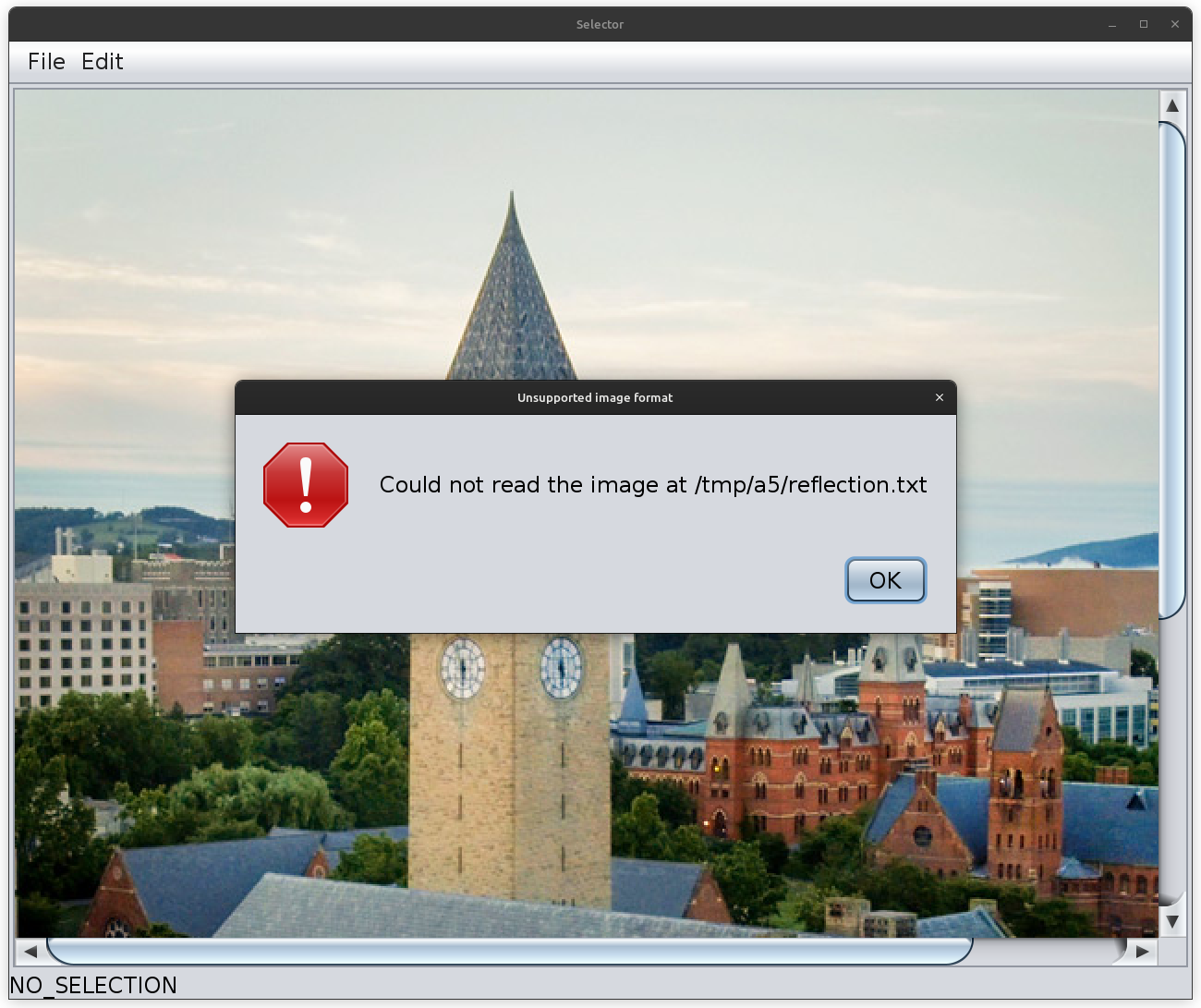 Screenshot of open error dialog