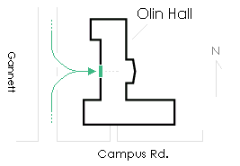 map of olin hall with an arrow pointing at the center-west entrance