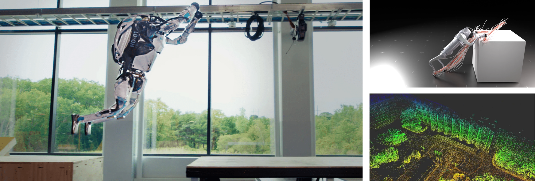 Banner showing three capabilities enabled by optimization: Atlas parkour, agile quadruped locomation, and simultaneous localization and mapping (SLAM).