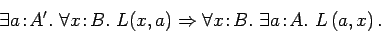 \begin{displaymath}\exists a\!:\!A'.\ \forall x\!:\!B.\ L(x, a) \Rightarrow \forall
x\!:\!B.\ \exists a\!:\!A.\ L\left(a, x\right). \end{displaymath}