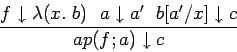 \begin{displaymath}\frac{f \downarrow \lambda(x.\ b) \ \ a \downarrow a'\ \ b[a'/x]
\downarrow c}{ap(f; a) \downarrow c} \end{displaymath}