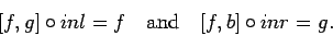 \begin{displaymath}[f, g]\circ inl = f\ \ \ \mbox{and}\ \ \ [f, b] \circ inr=g. \end{displaymath}