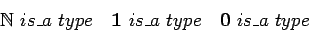 \begin{displaymath}{{\mathbb{N} }}\ is\_a\ type\ \ \ \mathbf{1} \ is\_a\ type\ \ \
\mathbf{0}\ is\_a\ type \end{displaymath}