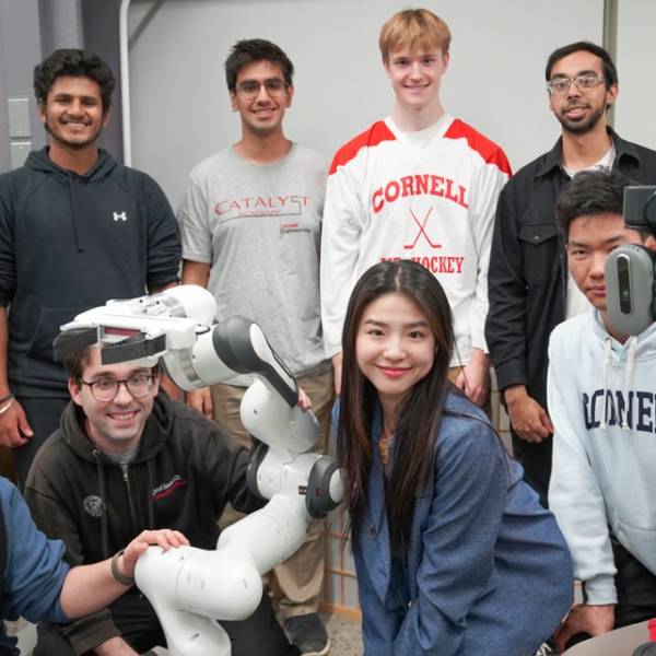  Credit:Patricia Waldron/Cornell University Lab members and robots in Sanjiban Choudhury’s group. Top row, left to right: Edward Duan ’26, Saksham Diwan ’26, Atiksh Bhardwaj ’26, Will Huey ’25 and master’s student Prithwish Dan ’24. Bottom row, left to right: doctoral students Yuki Wang, Gonzalo Gonzalez, Yujin Kim, Yunhai Feng and Kushal Kedia.