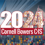 A color photo showing graduates walking outside of Gates Hall with the text "2024 Cornell Bowers CIS" overlaying it